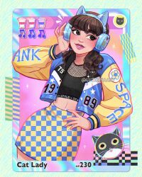 1girl animal_ear_headphones animal_ears artist_name black_shirt blue_jacket blue_skirt brown_eyes brown_hair cat_ear_headphones checkered_clothes checkered_skirt crop_top english_text fake_animal_ears hand_on_own_hip headphones highres jacket looking_to_the_side luztapiaart midriff open_clothes open_jacket original shirt skirt solo two-tone_skirt watermark yellow_skirt yellow_sleeves