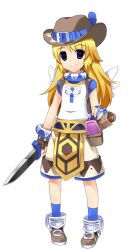 1girl belt blonde_hair blue_belt blue_eyes blue_shirt blue_socks boots brown_gloves brown_hat brown_shorts closed_mouth cowboy_hat cross cross_print dagger fingerless_gloves flat_chest full_body gloves hat hat_belt hat_feather holding holding_dagger holding_knife holding_weapon knife large_variant_set long_hair looking_at_viewer official_art pelvic_curtain ragnarok:_guild_masters ragnarok_online scroll shiratama_dango shirt shoes shorts simple_background sleeveless sleeveless_shirt smile socks solo standing super_novice_(ragnarok_online) transparent_background turtleneck turtleneck_shirt two-tone_shirt variant_set weapon white_shirt