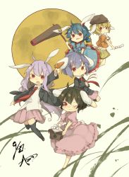 5girls :3 animal_ears baggy_shorts black_hair black_legwear blazer blonde_hair blood bloody_weapon blue_dress blue_hair rabbit_ears carrot dango dress eating flat_cap floppy_ears food gensou_aporo gun handgun hat inaba_tewi jacket kine long_sleeves looking_at_viewer mallet moon multiple_girls odd_one_out one_eye_closed open_jacket open_clothes open_jacket open_mouth orange_shirt pink_dress puffy_short_sleeves puffy_shorts puffy_sleeves purple_hair red_eyes reisen reisen_udongein_inaba ringo_(touhou) seiran_(touhou) shirt short_sleeves shorts skewer skirt thighhighs touhou untucked untucked_shirt wagashi weapon zettai_ryouiki