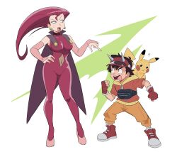Rule 34 | 1boy, 1girl, ?, ash ketchum, black hair, cape, cosplay, dinosaur king, gen 1 pokemon, highres, jessie (pokemon), kiana mai, kodai ryuuta, kodai ryuuta (cosplay), long hair, looking at another, nintendo, pikachu, pink hair, pokemon, pokemon (anime), usarapa, usarapa (cosplay), voice actor connection