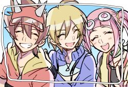 Rule 34 | absurdres, dinosaur king, glasses, glasses on head, highres, jacket, kodai ryuuta, long hair, pink hair, rex owen, shorts, tatsuno malm, twintails