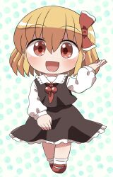 1girl :d ascot black_skirt black_vest blonde_hair blush chibi chibi_only collared_shirt commentary_request frilled_skirt frills full_body hair_between_eyes hair_ribbon hand_up highres long_sleeves looking_at_viewer open_mouth red_ascot red_eyes red_ribbon red_shoes ribbon rokugou_daisuke rumia shirt shoes short_hair signature skirt skirt_set smile socks solo standing touhou vest white_background white_shirt white_socks