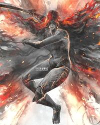 1girl closed_mouth completely_nude elden_ring facing_viewer fighting_stance flying hair_wings highres holding holding_sword holding_weapon long_hair malenia_blade_of_miquella malenia_goddess_of_rot nude prosthesis prosthetic_leg red_hair scar shimhaq solo sword very_long_hair weapon