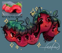 Rule 34 | colored skin, conjoined, feefal, food, freckles, fruit, green hair, highres, leaf, leaf on head, monster girl, original, plant girl, procreate (medium), red skin, seed, strawberry, tongue, tongue out, vivipary