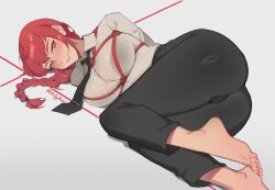 1girl arms_behind_back artist_name ass barefoot black_necktie black_pants blush bound braid braided_ponytail breasts chainsaw_man collared_shirt commentary english_commentary eyelashes feet foot_out_of_frame grey_background highres impossible_clothes impossible_shirt large_breasts long_hair looking_at_viewer lying makima_(chainsaw_man) nail_polish necktie on_side pants parted_lips red_hair shibari shirt sidelocks simple_background sin_(sintrybest) solo thighs toenail_polish toenails toes twitter_username white_shirt yellow_eyes
