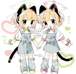 2girls animal_ear_headphones animal_ears blonde_hair blue_archive cat_ear_headphones fake_animal_ears green_eyes halo headphones highres midori_(blue_archive) momoi_(blue_archive) multiple_girls naguru_(cyoroama) official_alternate_costume overalls pink_halo shirt short_sleeves siblings sisters tail twins white_shirt
