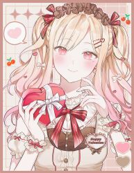 Rule 34 | 0202ase, 1girl, absurdres, alternate costume, arm scrunchie, blonde hair, blush, border, bow, bowtie, box, breasts, closed mouth, commentary, dress, facial mark, gradient hair, hair ornament, hair ribbon, hairclip, hands up, happy valentine, headdress, heart, heart-shaped box, heart facial mark, heart hair ornament, highres, holding, holding box, long hair, long sidelocks, looking at another, looking at viewer, multicolored hair, parted bangs, pink border, pink dress, pink eyes, pink hair, project sekai, red bow, red bowtie, red headdress, ribbon, scrunchie, sidelocks, small breasts, smile, solo, spoken heart, tenma saki, upper body, valentine, wrist scrunchie
