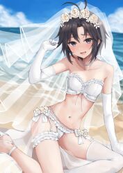 Rule 34 | 1girl, absurdres, aburi-gatana, antenna hair, arm up, bare shoulders, beach, bikini, black eyes, black hair, blush, bow, breasts, bridal bikini, bridal lingerie, bridal swimsuit, bridal veil, bride, collarbone, day, elbow gloves, flower, frilled thigh strap, gloves, head wreath, highres, idolmaster, idolmaster (classic), kikuchi makoto, lingerie, looking at viewer, navel, nontraditional wedding dress, open mouth, outdoors, short hair, single thighhigh, sitting, small breasts, solo, strapless, strapless bikini, swimsuit, thigh strap, thighhighs, underwear, veil, white bikini, white bow, white flower, white gloves, white thighhighs