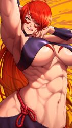 1girl abs absurdres arm_up armband armpits black_armband breast_tattoo breasts chest_tattoo eyebrows_hidden_by_hair facial_tattoo fuuma_kotarou_(tenkaichi) highres large_breasts licking_lips long_hair looking_at_viewer muscular muscular_female navel orange_background parted_lips red_eyes red_hair red_rope rope solo stomach swept_bangs tattoo teeth tenkaichi_nihon_saikyou_bugeisha_ketteisen tettora tongue tongue_out upper_teeth_only