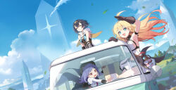 3girls :d ahoge amber_(stella_sora) arm_up armpits backless_shirt bare_shoulders beret black_hair black_hat blonde_hair blue_dress blue_eyes blue_sky blush breasts brown_gloves capelet cleavage cleavage_cutout closed_mouth clothing_cutout cloud commentary copyright_name copyright_notice day double-parted_bangs dress english_commentary floating_hair framed_breasts frilled_skirt frills gloves gradient_hair hat headpiece highres iris_(stella_sora) juliet_sleeves large_breasts long_hair long_sleeves looking_at_viewer miniskirt motor_vehicle multicolored_hair multiple_girls new_star_guild_(stella_sora) noya_(stella_sora) official_art open_mouth orange_hair puffy_sleeves purple_hair recreational_vehicle red_eyes shirt short_hair sideboob sideless_dress sideless_shirt skirt sky smile split_mouth star-shaped_pupils star_(symbol) stella_sora sweatdrop symbol-shaped_pupils two-sided_capelet van white_capelet white_shirt white_skirt yellow_capelet yellow_eyes