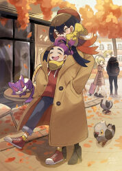 2boys 2girls backpack bag beret black_hair black_hoodie black_pants blonde_hair brother_and_sister brown_coat building carmine_(pokemon) chair closed_eyes coat creatures_(company) day game_freak gen_5_pokemon gladion_(pokemon) hands_in_pockets hat high_heels highres hood hoodie kieran_(pokemon) leaf lillie_(pokemon) long_hair long_sleeves matsuda_(0yx38755230263c) mole mole_under_eye multiple_boys multiple_girls nintendo open_mouth outdoors pants pidove pokemon pokemon_(creature) pokemon_sm pokemon_sv ponytail purple_hair purrloin red_hair red_hat red_hoodie scarf shared_clothes shared_coat shoes siblings sneakers suitcase table tree yellow_eyes yellow_scarf