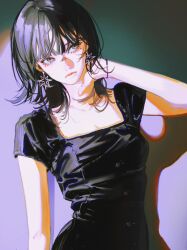 1girl black_hair black_shirt closed_mouth commentary dated_commentary earrings face_piercing grey_eyes hand_up highres jewelry john_kafka medium_hair mole mole_under_each_eye mole_under_eye multiple_moles nose_piercing original piercing shadow shirt short_sleeves solo star_(symbol) star_earrings