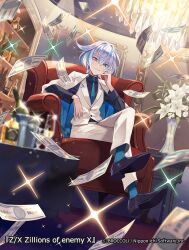 1boy banknote black_shirt black_shoes blue_hair blue_necktie blue_socks blurry blurry_foreground bottle chandelier character_request closed_mouth collared_shirt commentary_request copyright_name crossed_legs depth_of_field flower grey_eyes grey_hair hair_between_eyes heterochromia highres jacket jacket_on_shoulders male_focus money multicolored_hair necktie official_art pants purple_eyes shirt shoe_soles shoes sitting smile socks solo streaked_hair vase vest white_flower white_jacket white_pants white_vest yuko_(uc_yuk) z/x