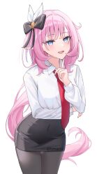 1girl alternate_costume arm_under_breasts black_bow black_pantyhose black_skirt blue_eyes bow breasts collared_shirt commentary elf elysia_(honkai_impact) elysia_(office_lady)_(honkai_impact) hair_bow hair_ornament highres honkai_(series) honkai_impact_3rd large_breasts long_hair looking_at_viewer nail_polish nami_(tznami) necktie office_lady open_mouth pantyhose pink_hair pink_nails pink_pupils pointy_ears red_necktie shirt sidelocks skirt smile solo taut_clothes taut_skirt twitter_username very_long_hair white_shirt