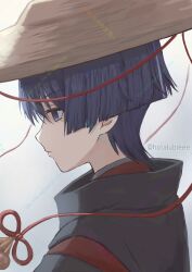 1boy absurdres black_sleeves blunt_ends brown_hat closed_mouth clothing_cutout empty_eyes expressionless from_side genshin_impact hat highres hotarubi_(hotarubie) ichimegasa japanese_clothes kariginu kimono kuronushi_(genshin_impact) layered_kimono layered_sleeves looking_to_the_side male_focus portrait profile purple_eyes purple_hair red_kimono red_sleeves scaramouche_(genshin_impact) shoulder_cutout solo string twitter_username watermark white_background