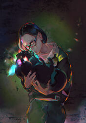 1boy animal black_hair closed_eyes cowboy_shot dog glasses gundam gundam_gquuuuuux highres holding holding_animal holding_dog jacket jezzi male_focus motokooooka pomeranian_(dog) short_hair solo