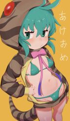 1girl :/ animal_hood animal_print arm_at_side bikini bikini_under_clothes blush bow bowtie breasts closed_mouth covered_erect_nipples doka_yuki_(tsumorisugi) gradient_neck_ribbon gradient_ribbon green_bikini green_eyes green_hair grion hair_between_eyes hand_on_own_hip highres hood hood_up hooded_jacket jacket kemono_friends legs_apart loli long_sleeves looking_at_viewer micro_bikini navel neck_ribbon petite pink_bow pink_bowtie pink_ribbon print_hood print_jacket ribbon simple_background small_breasts snake_hood snake_print snake_tail solo standing stomach striped_clothes striped_tail swimsuit tail tsuchinoko_(kemono_friends)