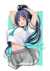 1girl ;d arms_up birthday blue_hair blush border breasts commentary_request cowboy_shot dated gengoroh green_background grey_sailor_collar grey_skirt high_ponytail highres large_breasts long_hair looking_at_viewer love_live! love_live!_sunshine!! matsuura_kanan midriff navel one_eye_closed open_mouth outside_border pleated_skirt ponytail purple_eyes sailor_collar school_uniform sidelocks simple_background skirt smile solo summer_uniform tying_hair upper_body uranohoshi_school_uniform white_border