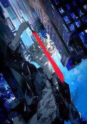 1boy absurdres black_necktie blue_period blue_theme building city gakuran highres hotokeimuuu medium_hair necktie paint painting_(action) school_uniform shirt sky upside-down urban white_hair white_shirt yaguchi_yatora yellow_eyes