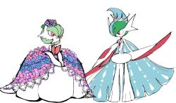 1boy 1girl arm_behind_back arm_blade ascot blue_flower blue_hair bob_cut brooch closed_mouth clothed_pokemon colored_skin crown elbow_gloves eye_contact flat_color flower full_body gallade gardevoir gen_3_pokemon gen_4_pokemon gloves green_hair grey_crown hair_flower hair_ornament hair_over_one_eye hand_on_own_chest hand_up happy jewelry looking_at_another mega_gallade mega_gardevoir mega_pokemon mohawk monya multicolored_hair nintendo no_feet one_eye_covered own_hands_together pink_flower pokemon pokemon_(creature) red_eyes short_hair simple_background sketch smile standing two-tone_hair weapon white_ascot white_background white_gloves white_skin