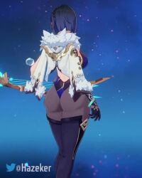 3d animated ass blue_eyes blue_hair coat coat_on_shoulders genshin_impact hazeker holding holding_weapon leotard lowres mihoyo multiple_views revealing_clothes tagme thick_thighs thighhighs thighs turnaround video weapon wide_hips yelan_(genshin_impact)