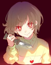 +_+ 1other aegyo_sal arm_at_side bright_pupils brown_background brown_hair chara_(undertale) closed_mouth commentary_request cropped_torso dagger from_above gradient_background hand_up head_tilt heart heart_necklace highres holding holding_dagger holding_knife holding_weapon jewelry knife long_sleeves looking_at_viewer necklace other_focus puffy_long_sleeves puffy_sleeves red_background red_eyes reverse_grip se_(hanahide) short_hair simple_background smile solo sparkle sweater turtleneck turtleneck_sweater undertale weapon yellow_pupils yellow_sweater