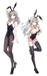2girls alternate_costume animal_ear_hairband animal_ears aqua_hair arm_behind_head arm_up bare_shoulders between_breasts black_bow black_hairband black_leotard black_pantyhose black_shoes black_thighhighs blush bow breasts cleavage closed_mouth collar commentary covered_navel detached_collar fake_animal_ears firefly_(honkai:_star_rail) full_body gradient_hair grey_hair hair_between_eyes hair_bow hairband hand_on_own_chest hand_on_own_hip hand_up highres honkai:_star_rail honkai_(series) large_breasts leotard long_hair looking_at_viewer medium_breasts multicolored_hair multiple_girls necktie necktie_between_breasts orange_necktie pantyhose playboy_bunny purple_eyes rabbit_ear_hairband rabbit_ears shoes simple_background standing standing_on_one_leg stelle_(honkai:_star_rail) strapless strapless_leotard symbol-only_commentary thighhighs thighs torn_clothes torn_pantyhose trailblazer_(honkai:_star_rail) vb_vibe very_long_hair white_background white_collar white_wrist_cuffs wrist_cuffs yellow_eyes
