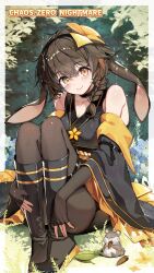 1girl absurdres animal_ears bare_shoulders black_boots black_gloves black_hair black_kimono black_pantyhose black_sash blush boots braid braided_ponytail breasts brown_hair chaos_zero_nightmare closed_mouth collarbone copyright_name detached_sleeves elbow_gloves fingerless_gloves gloves guest_art hair_ornament hamster haruhina_purple highres japanese_clothes kimono long_hair long_sleeves looking_at_viewer medium_breasts multicolored_hair obi outdoors pantyhose sash sleeveless sleeveless_kimono solo veronica_(chaos_zero_nightmare) wide_sleeves yellow_eyes
