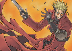 agl_arms_.45_long_colt blonde_hair break-action_revolver cloak gun handgun handgun_cartridge low_bore_axis_revolver nightow_yasuhiro non-web_source official_art red_cloak revolver revolver_cartridge trigun trigun_maximum vash_the_stampede weapon