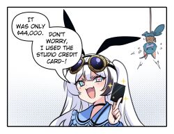 1girl :d animal_ear_hairband animal_ears black_choker black_hairband black_nails black_streaks blue_eyes blue_shirt border bright_pupils card choker commentary credit_card dog double-parted_bangs english_commentary english_text fake_animal_ears fang flying_sweatdrops goggles goggles_on_head hair_between_eyes hairband hand_up highres holding holding_card long_hair long_sleeves looking_at_viewer merry_(merryweather) merryweather multicolored_hair open_mouth original rabbit_ear_hairband rabbit_ears rope ryuuxin sally_sinclair shirt smile solo_focus speech_bubble streaked_hair talking tape white_background white_border white_hair white_pupils