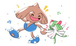 blush claws closed_eyes commentary commission dancing english_commentary gen_2_pokemon gen_3_pokemon gotchibam green_hair heart hitmontop holding_hands horns kirlia ko-fi_commission musical_note nintendo open_mouth pokemon pokemon_(creature) simple_background single_horn white_background
