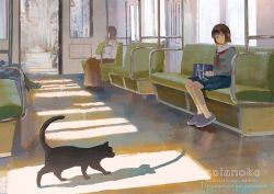 1girl animal artist_name bag black_cat blue_shoes blue_skirt brown_hair cat commentary day english_commentary grey_shirt neckerchief original people pleated_skirt red_neckerchief sailor_collar school_bag school_uniform shirt shoes short_hair sitting skirt solanoko train_interior white_sailor_collar wide_shot window window_shadow