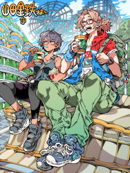 1boy 1girl amusement_park backpack bag bendy_straw blue_footwear blue_sky blush breasts cloud collarbone cup day drinking drinking_straw ferris_wheel food full_body glasses green_pants hair_between_eyes kafun lanyard looking_at_another looking_to_the_side open_mouth original pants ponytail popcorn purple_hair red-framed_eyewear roller_coaster shoes short_hair sitting sky small_breasts tank_top teeth upper_teeth_only v-shaped_eyebrows watch wristwatch