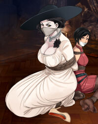 2girls absurdres ada_wong alcina_dimitrescu bdsm black_hair black_pantyhose bondage bound bound_together breasts cleavage cloth_gag dress gag gagged high_heels highres improvised_gag large_breasts large_hat looking_at_viewer lost_one_zero multiple_girls over_the_nose_gag pantyhose red_dress resident_evil resident_evil_village restrained short_hair tape tape_gag white_dress yellow_eyes