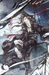2boys black_boots black_eyes black_hair black_hanfu boots chinese_clothes closed_mouth collarbone crossed_legs dizi faux_traditional_media floating_hair flute flute_tassel hair_ribbon hanfu headband high_ponytail highres holding holding_flute holding_instrument ink_wash_painting instrument kcllzas163 lan_wangji light_particles long_hair long_sleeves male_focus modao_zushi multiple_boys pants ponytail red_ribbon ribbon robe sitting smile solo_focus tassel third-party_source transverse_flute watermark wei_wuxian white_hanfu white_headband white_pants wide_sleeves xiao_guan_(headdress)