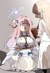 2girls absurdres arms_behind_back bdsm blue_archive blue_halo bondage bound bound_arms breasts brown_hair cake capelet chroong dress feathered_wings flower food grey_background hair_bun hair_flower hair_ornament halo highres large_breasts long_hair looking_at_another mika_(blue_archive) multiple_girls nagisa_(blue_archive) open_mouth pink_hair pink_halo simple_background single_side_bun swiss_roll white_capelet white_dress white_wings wings