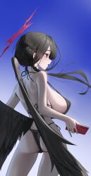 1girl absurdres ass bare_arms bare_back bare_shoulders bikini black_bikini black_hair black_wings blue_archive blush breasts cellphone covered_erect_nipples feathered_wings hair_bun halo hasumi_(blue_archive) hasumi_(swimsuit)_(blue_archive) highres holding holding_phone large_breasts long_hair official_alternate_costume official_alternate_hairstyle open_mouth phone red_eyes red_halo side_ponytail smartphone solo swimsuit tagua wings