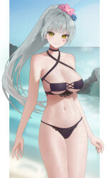 1girl absurdres bare_shoulders beach black_choker blush breasts choker closed_mouth day flower girls&#039;_frontline girls&#039;_frontline_2:_exilium green_eyes grey_hair hair_flower hair_ornament highres hk416_(girls&#039;_frontline) kir_(khw66136132) klukai_(cerulean_breaker)_(girls&#039;_frontline_2) klukai_(girls&#039;_frontline_2) large_breasts long_hair looking_at_viewer navel ocean outdoors ponytail smile solo stomach teardrop_facial_mark thighs underboob water