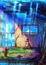 1girl barefoot black_hair blue_theme breasts brown_hair bug butterfly cleavage dress eating fantasy female_focus fire_hydrant fish fishing fishing_rod flower food fruit grass highres insect irohara_mitabi long_hair mouth_hold ocean off_shoulder orange_(fruit) original plant scenery sitting skull sky solo sunlight surreal tree upside-down vines water waterfall window