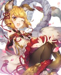 Rule 34 | 1girl, animal ear fluff, animal ears, bare shoulders, blonde hair, blunt bangs, bob cut, braid, cherry blossoms, commentary request, detached sleeves, dog ears, dog girl, dog tail, erune, falling petals, glint, granblue fantasy, hair ornament, hand rest, hands on own knees, knees together feet apart, light blush, looking at viewer, medium hair, one eye closed, open mouth, petals, rope, shimenawa, shirt, sideless outfit, simple background, sleeveless, sleeveless shirt, smile, solo, soriya, tail, tassel, tassel hair ornament, v arms, vajra (granblue fantasy), white background, white shirt, white sleeves, wide sleeves, yellow eyes