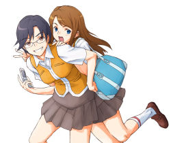 00s bag black_hair blue_eyes brown_eyes brown_hair cellphone glasses harada_chie long_hair minato_fumi my-hime phone school_uniform senou_aoi short_hair skirt
