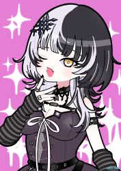 1girl ;d arm_strap black_arm_warmers black_choker black_dress black_hair black_nails breasts choker cleavage dress grey_hair hand_up highres hololive hololive_english jewelry large_breasts long_hair looking_at_viewer multicolored_hair one_eye_closed open_mouth pigma_01 pink_background ribbon ring shiori_novella shiori_novella_(1st_costume) smile solo split-color_hair striped_arm_warmers two-tone_hair virtual_youtuber white_ribbon yellow_eyes