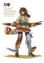 1girl ahoge black_thighhighs boots brown_hair character_name dakku_(ogitsune) dark-skinned_female dark_skin dated female_focus full_body green_eyes head_wings highres holding holding_weapon jacket long_hair mecha_musume messy_hair neckerchief original p-40_warhawk personification plaid_clothes plaid_skirt pleated_skirt skirt solo tail thigh_boots thighhighs weapon wings