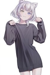 1girl :3 absurdres animal_ears bang_dream! bang_dream!_it&#039;s_mygo!!!!! black_sweater blue_eyes cat_ears cat_girl extra_ears heterochromia highres kaname_raana kemonomimi_mode long_sleeves looking_at_viewer paw_pose raana_the_cat short_hair simple_background smile sweater white_background yanagi_(yan-agi) yellow_eyes