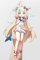 1girl 1other :d absurdres animal_ear_fluff animal_ears artist_name bare_arms bare_legs blonde_hair blue_eyes blue_hair blue_nails bow cat_ears commentary dress fins fish_girl fish_tail flying_sweatdrops full_body grey_background hair_bow hand_on_own_chest height highres holding holding_mini_person indie_virtual_youtuber innertube_hair_ornament long_hair looking_at_viewer low_twintails mini_person minigirl mountain_han multicolored_hair nail_polish one_side_up open_mouth pov sameko_saba simple_background sleeveless sleeveless_dress smile solo_focus streaked_hair tail thigh_gap toenail_polish toenails toes twintails two-tone_hair very_long_hair virtual_youtuber