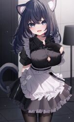 Rule 34 | 1girl, :d, absurdres, animal ear fluff, animal ears, apron, belt, belt buckle, black belt, black gloves, black hair, black shirt, black skirt, blurry, blurry background, breasts, brown pantyhose, buckle, cat ears, cat girl, cat tail, cleavage, collared shirt, commentary request, depth of field, dress shirt, fang, floor lamp, frilled apron, frilled skirt, frills, gloves, grey eyes, hair between eyes, half gloves, hand up, highres, indoors, lamp, looking at viewer, maid, medium breasts, open mouth, original, pantyhose, pinstripe pattern, pinstripe shirt, pinstripe skirt, pleated skirt, sapphire (sapphire25252), shirt, short sleeves, skirt, smile, solo, standing, tail, unworn eyewear, white apron