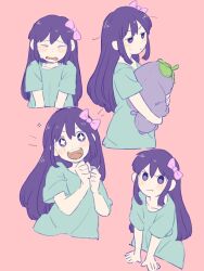 Rule 34 | + +, 1girl, :d, :t, ^ ^, annoyed, aubrey (headspace) (omori), aubrey (omori), blue shirt, bright pupils, clenched hands, closed eyes, closed mouth, commentary request, cropped torso, crying, double-parted bangs, facing viewer, hair between eyes, highres, holding, holding stuffed toy, long hair, looking at viewer, looking to the side, mr. plantegg (omori), multiple views, nn w ky, omori, open mouth, own hands together, pale skin, peanut mouth, pink background, purple eyes, purple hair, raised inner eyebrows, shirt, short sleeves, sidelocks, simple background, smile, sparkle, straight hair, stuffed eggplant, stuffed toy, sweatdrop, tongue, v-shaped eyebrows, white pupils