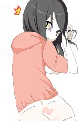1boy :o alternate_costume artemis-girl black_hair eyeliner from_behind hood hoodie long_hair looking_at_viewer makeup male_focus naruto_(series) orochimaru_(naruto) pale_skin panties pink_hoodie pink_panties playing_with_own_hair simple_background slit_pupils snake_print solo surprised underwear white_background yellow_eyes