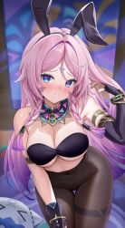 1girl alternate_costume animal_ear_hairband animal_ears bare_shoulders black_bra black_pantyhose blue_eyes blurry blurry_background blush bra braid breasts citlali_(genshin_impact) collar commentary covered_navel cowboy_shot detached_collar embarrassed facial_mark fake_animal_ears forehead_mark genshin_impact gradient_hair hairband hand_up highres indoors large_breasts leaning_forward leotard long_hair looking_at_viewer low_twin_braids lunacle multicolored_hair paid_reward_available pantyhose parted_lips pink_hair pink_pupils playboy_bunny purple_collar purple_hair rabbit_ear_hairband rabbit_ears solo strapless strapless_leotard symbol-only_commentary thigh_gap triangle triangle_facial_mark twin_braids underboob underwear very_long_hair