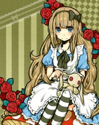 1girl alice&#039;s_adventures_in_wonderland alice_(alice_in_wonderland) apron black_bow black_socks blonde_hair blue_dress blue_eyes bow breasts button_eyes buttons collared_dress commentary_request dress flower frilled_apron frilled_dress frills hair_bow holding iyorirei light_blush light_smile long_hair looking_at_viewer mushroom panties panty_peek puffy_short_sleeves puffy_sleeves rose short_sleeves small_breasts socks solo stuffed_animal stuffed_rabbit stuffed_toy two-tone_socks underwear white_apron white_socks